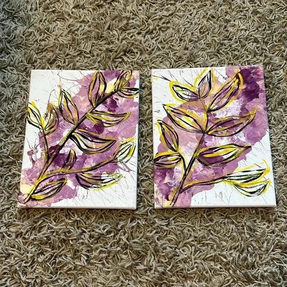 Handmade Two 8x10 Wall Art Purple and Yellow Branch Design Wall Art - Picture 2 of 4